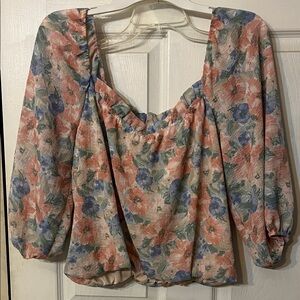 Lush Pastel Floral Puff Sleeve Blouse